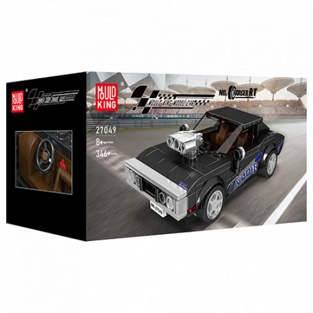 Schwarzer Sportwagen-Bausatz von Mould King in Box, vor Autobahn-Hintergrund.