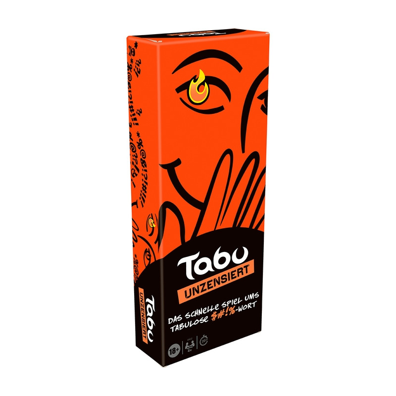 Orange-schwarze Tabu Unzensiert Spielebox mit stilisiertem Gesicht und Hand auf der Vorderseite.