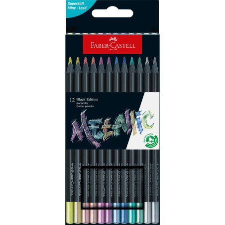 Schachtel mit 12 Faber-Castell Black Edition Metallic-Buntstiften, ordentlich in einer Reihe angeordnet.