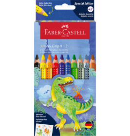 Faber-Castell Jumbo Grip Farbstiftbox mit buntem Dino und sichtbaren Stiften auf der Vorderseite.