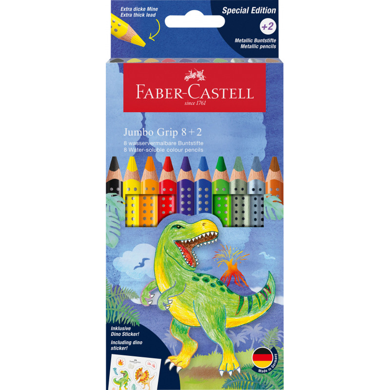 Faber-Castell Jumbo Grip Farbstiftbox mit buntem Dino und sichtbaren Stiften auf der Vorderseite.