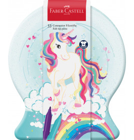 Faber-Castell Filzstift-Set in einer Dose mit buntem Einhorn, Wolken und Regenbogen.
