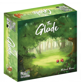 Spielschachtel The Glade mit Waldillustration und zwei roten Pilzen auf dem Boden.