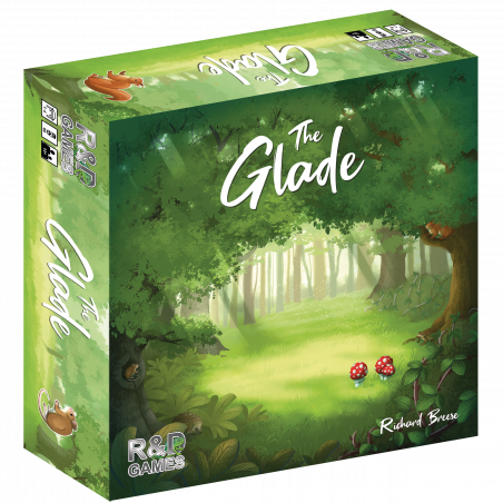 Spielschachtel The Glade mit Waldillustration und zwei roten Pilzen auf dem Boden.
