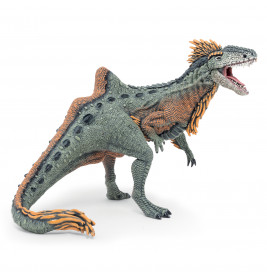 Detailliertes Spinosaurus-Spielzeug mit orange-grüner Hautstruktur und geöffnetem Maul.