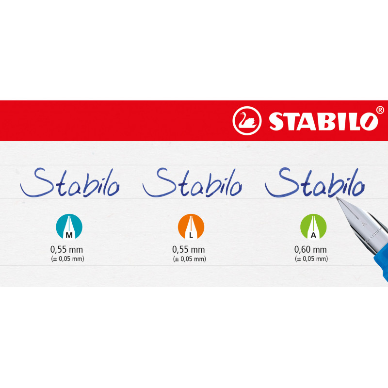 Drei Stabilo-Stifte mit mittelgroßer, großer und extragroßer Spitze, rechts ein Stift mit sichtbarer Schreibspitze.
