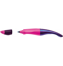 Ein pink-lila ergonomischer Stift ohne Kappe, die Stiftspitze ist sichtbar.