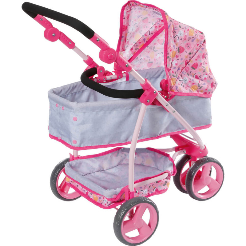 Rosa-grauer Puppenwagen mit gemustertem Verdeck und Ablagekorb, geeignet für Rollenspiele oder Puppenspiel.
