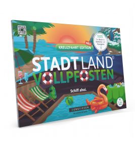 Bunte Brettspielbox Stadt Land Vollpfosten mit Kreuzfahrt- und Sommerpool-Illustrationen auf dem Cover.