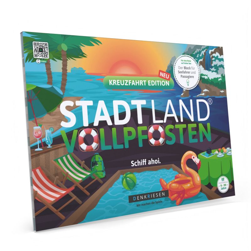 Bunte Brettspielbox Stadt Land Vollpfosten mit Kreuzfahrt- und Sommerpool-Illustrationen auf dem Cover. Bunte Brettspielbox Stadt Land Vollpfosten mit Kreuzfahrt- und Sommerpool-Illustrationen auf dem Cover.
