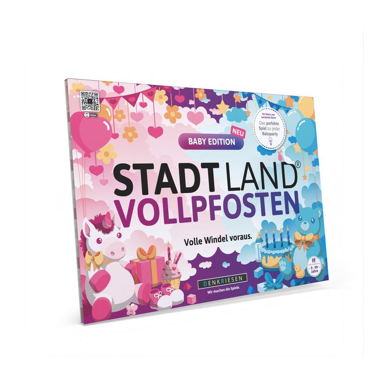 Bunte Stadt Land Vollpfosten Baby Edition Spielbox mit babytypischen Illustrationen und Geschenken. Bunte Stadt Land Vollpfosten Baby Edition Spielbox mit babytypischen Illustrationen und Geschenken.