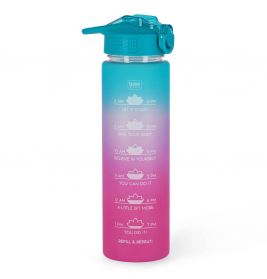 Ombre-Wasserflasche mit Zeitmarkierungen und motivierenden Sprüchen von 8 bis 13 Uhr, Farbverlauf blau-rosa.