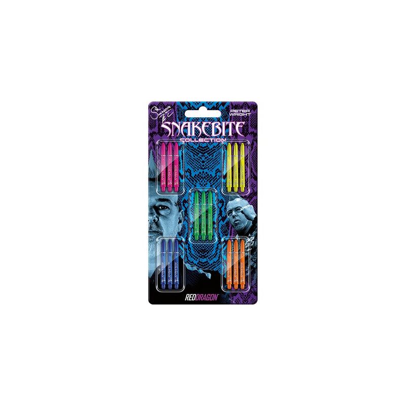 Buntes Set Dartschäfte in Blisterverpackung mit blauem Design und Gesichtern im Hintergrund.