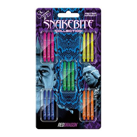 Buntes Set Dartschäfte in Blisterverpackung mit blauem Design und Gesichtern im Hintergrund.