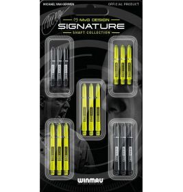 Winmau MvG Design Signature Shaft Collection mit fünf Sets schwarzer und gelber Dartschäfte.
