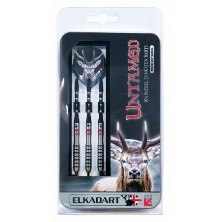 Drei Steel-Darts in Verpackung mit Hirschmotiv und dem Schriftzug Untamed auf der Vorderseite. Drei Steel-Darts in Verpackung mit Hirschmotiv und dem Schriftzug Untamed auf der Vorderseite.