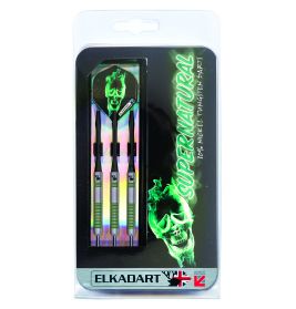 Dreierpack ELKADART Supernatural Darts mit grünem Totenkopf-Design und Hologramm-Details in Klarsichtverpackung.