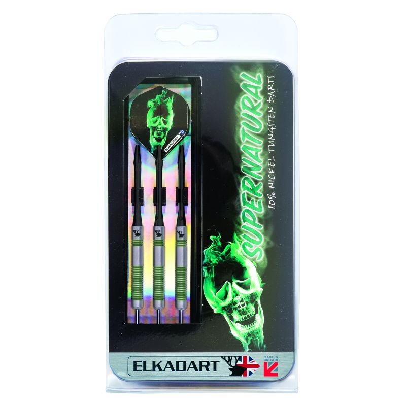 Dreierpack ELKADART Supernatural Darts mit grünem Totenkopf-Design und Hologramm-Details in Klarsichtverpackung.