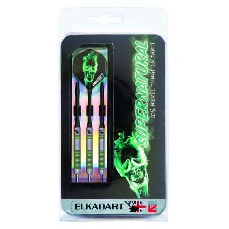Dreierpack ELKADART Supernatural Darts mit grünem Totenkopf-Design und Hologramm-Details in Klarsichtverpackung.
