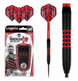 Drei rot-schwarze Darts mit Sternflights und Verpackung mit Winmau- und Joe-Cullen-Aufdruck.