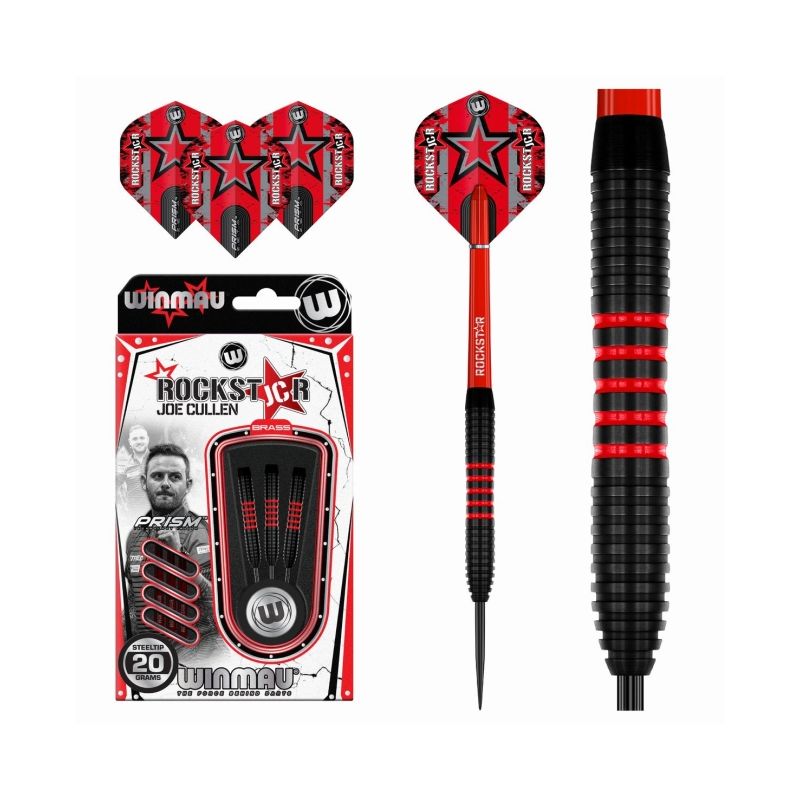 Drei rot-schwarze Darts mit Sternflights und Verpackung mit Winmau- und Joe-Cullen-Aufdruck.
