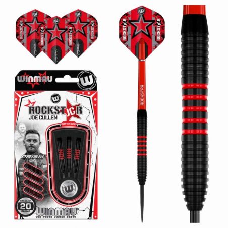 Drei rot-schwarze Darts mit Sternflights und Verpackung mit Winmau- und Joe-Cullen-Aufdruck.