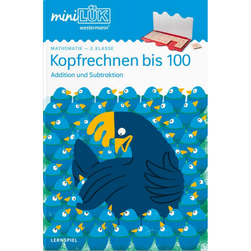 Buchcover mit vielen blauen Vögeln und einem großen dunkelblauen Vogel. Titel: Kopfrechnen bis 100.