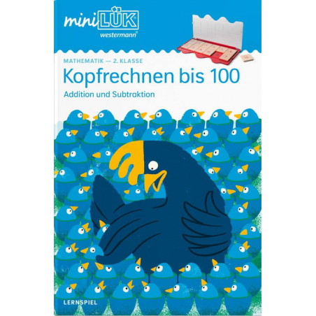 Buchcover mit vielen blauen Vögeln und einem großen dunkelblauen Vogel. Titel: Kopfrechnen bis 100.