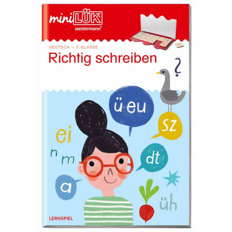 Buchcover: Richtig schreiben, Cartoon-Mädchen, Sprechblasen, Buchstaben und Vogel für Deutschlernende der 2. Klasse.
