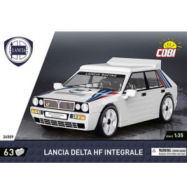COBI-Box mit Lancia Delta HF Integrale als 1:35 Modellauto, weiß mit Rennstreifen.