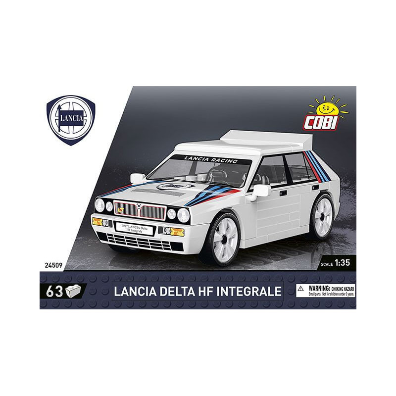 COBI-Box mit Lancia Delta HF Integrale als 1:35 Modellauto, weiß mit Rennstreifen.