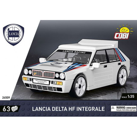 COBI-Box mit Lancia Delta HF Integrale als 1:35 Modellauto, weiß mit Rennstreifen.