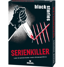 Hand mit blutigem Messer über Strichlisten, dazu der Schriftzug: Black Stories Serienkiller.