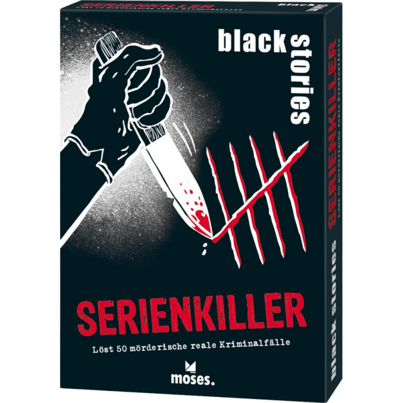 Hand mit blutigem Messer über Strichlisten, dazu der Schriftzug: Black Stories Serienkiller.