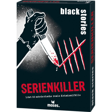 Hand mit blutigem Messer über Strichlisten, dazu der Schriftzug: Black Stories Serienkiller.