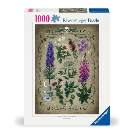 Ravensburger Puzzle mit 1000 Teilen zeigt illustrierte Wildblumen auf einem Hintergrund in Vintage-Pergament-Optik.
