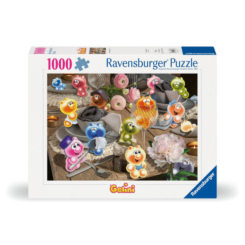 Ravensburger Puzzlebox mit 1000 Teilen: Bunte Comicbären über dekorativem Tischgedeck.