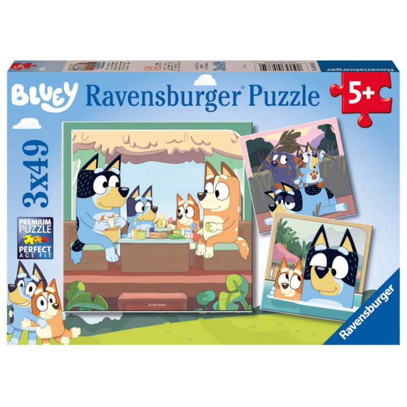 Bluey Ravensburger Puzzle ab 5 Jahren: Cartoon-Hunde beim Picknick und Spielen auf der Verpackung.