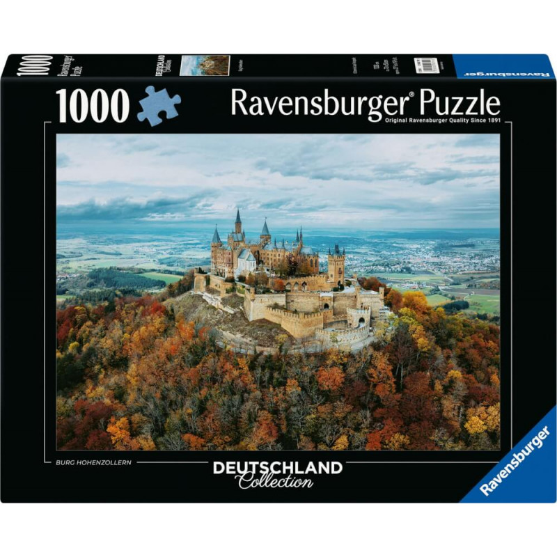 Ravensburger Puzzle mit 1000 Teilen zeigt die Burg Hohenzollern inmitten herbstlicher Wälder.