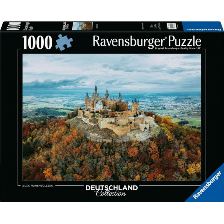 Ravensburger Puzzle mit 1000 Teilen zeigt die Burg Hohenzollern inmitten herbstlicher Wälder.