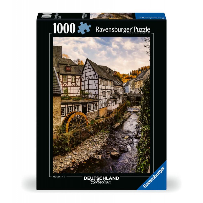 Ravensburger Puzzle mit Motiv: Deutsches Dorf, Fachwerkhäuser, Bach und Wasserrad.
