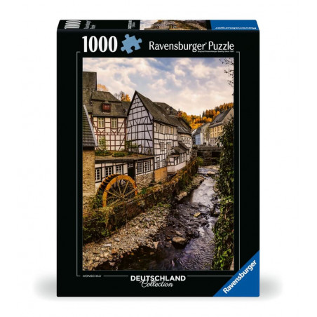 Ravensburger Puzzle mit Motiv: Deutsches Dorf, Fachwerkhäuser, Bach und Wasserrad.