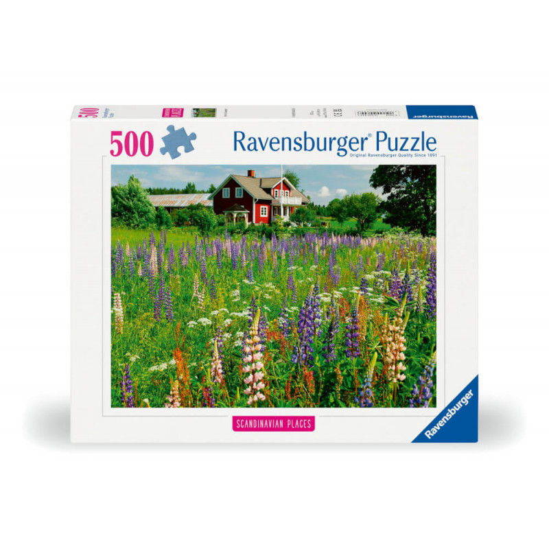 Ravensburger Puzzle mit 500 Teilen: Das Motiv zeigt ein Wildblumenfeld und ein rotes Haus im Hintergrund.