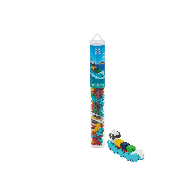 Eine Röhre Plus-Plus-Bausteine mit einem kleinen, bunten Schiffsmodell davor.