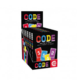 Eine CODE-Kartenspiel-Displaybox mit bunten Karten und auffälligem, mehrfarbigem Text auf der Verpackung.