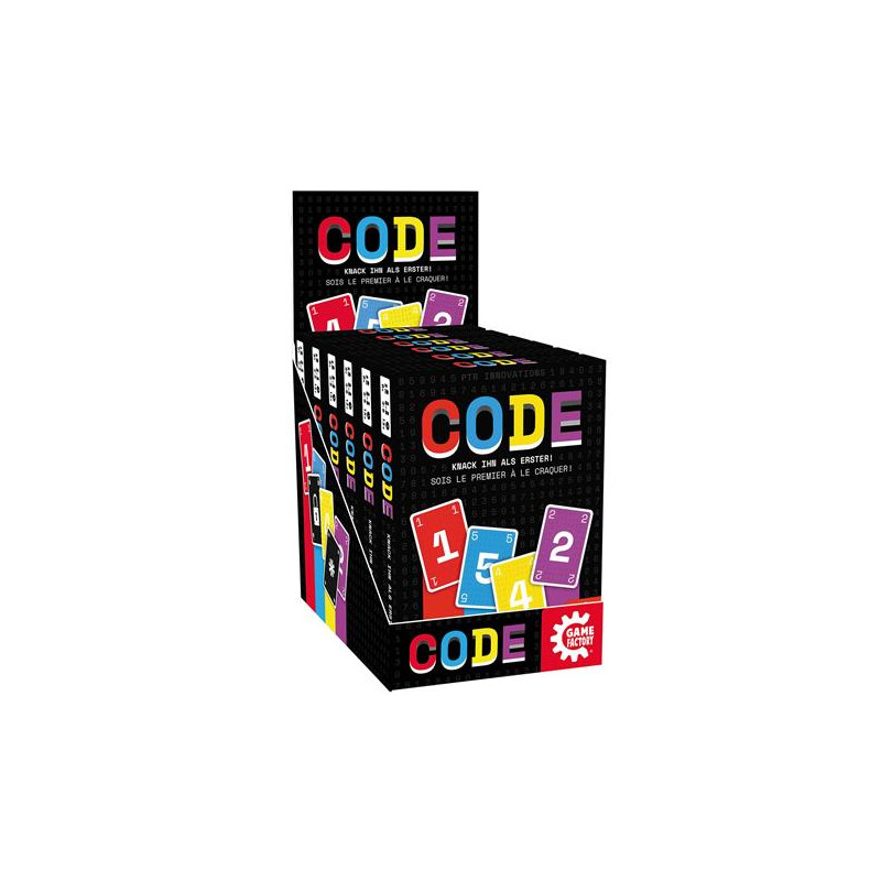 Eine CODE-Kartenspiel-Displaybox mit bunten Karten und auffälligem, mehrfarbigem Text auf der Verpackung.