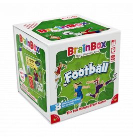 BrainBox Fußball Spielbox mit Cartoon-Fußballspielern und grünem Hintergrund sowie Spielinformationen.