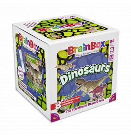 BrainBox Dinosaurs Spielschachtel mit Cartoon-Dinosauriern und farbenfroher Schrift auf weißem Hintergrund.