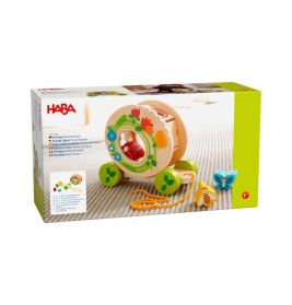 HABA Spielbox mit Holz-Nachziehschnecke und bunten Formen, geeignet für Kinder ab 1 Jahr.