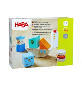 HABA Discovery Building Blocks Boat, ab 1 Jahr, bunte Holzbausteine auf der Verpackung abgebildet.